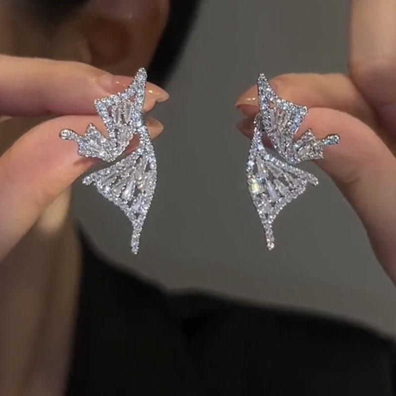 纯银针锆石蝴蝶翅膀耳钉轻奢小众