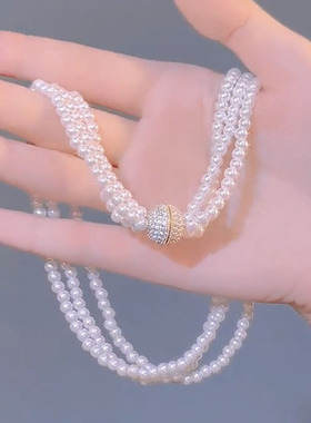 新款气质多层珍珠项链女小众设计高级感磁吸锁骨链轻奢冷淡风欧美