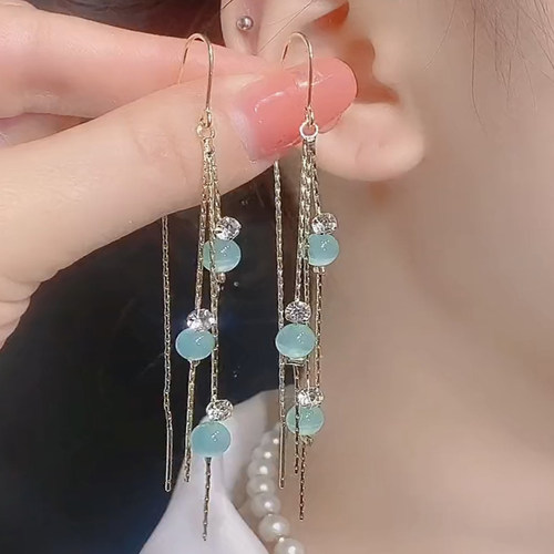 翠绿猫眼石耳线百搭长款流苏耳环