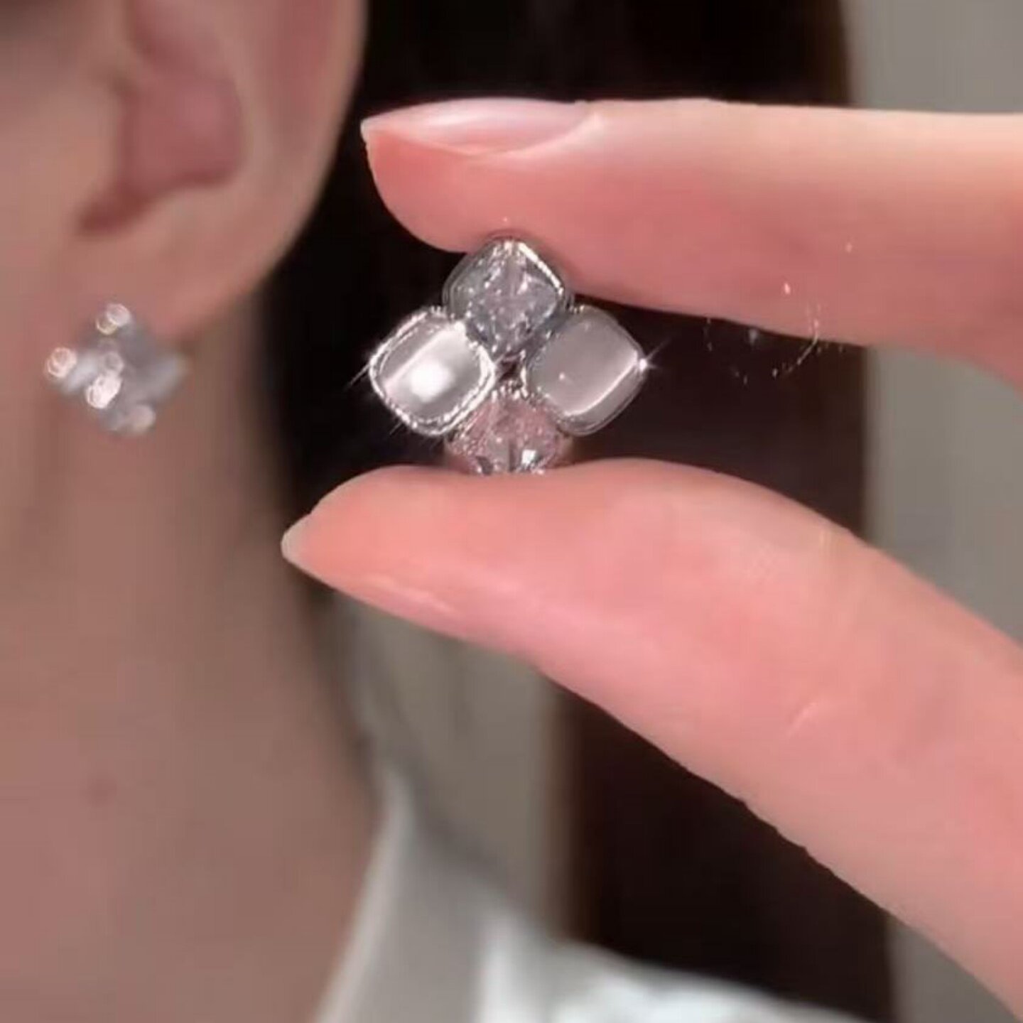 几何方形锆石水晶耳钉女气质独特