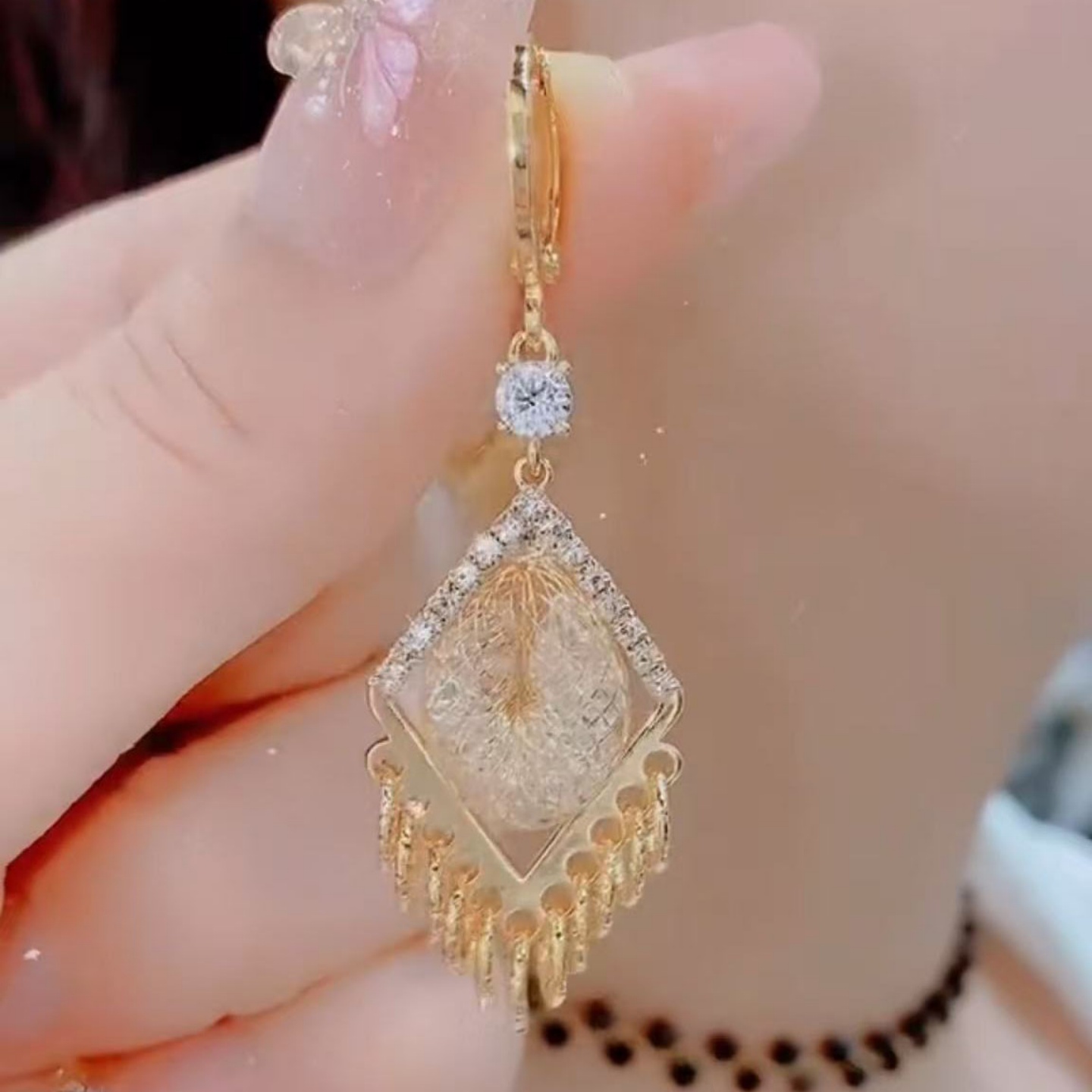 新中式复古网状菱形流苏耳环轻奢