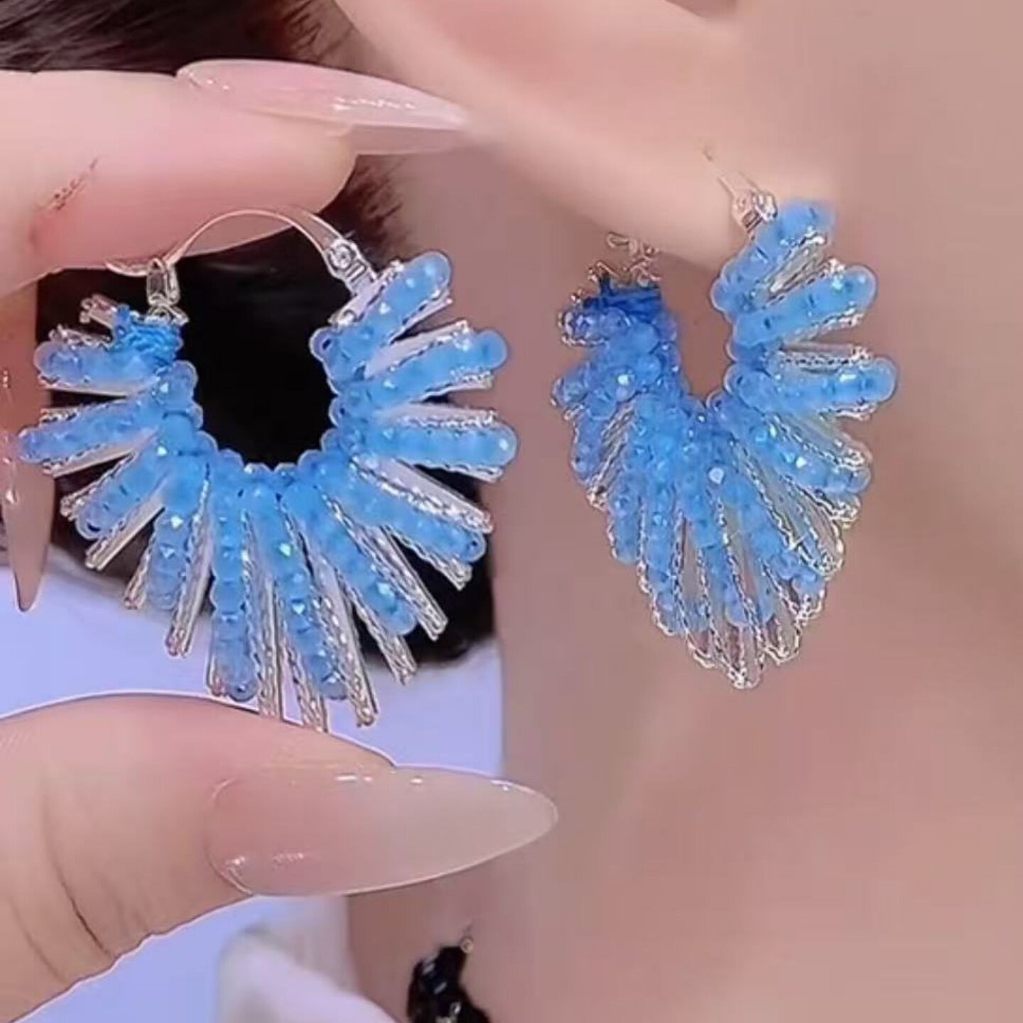 小众欧美夸张蓝色水晶心形耳环