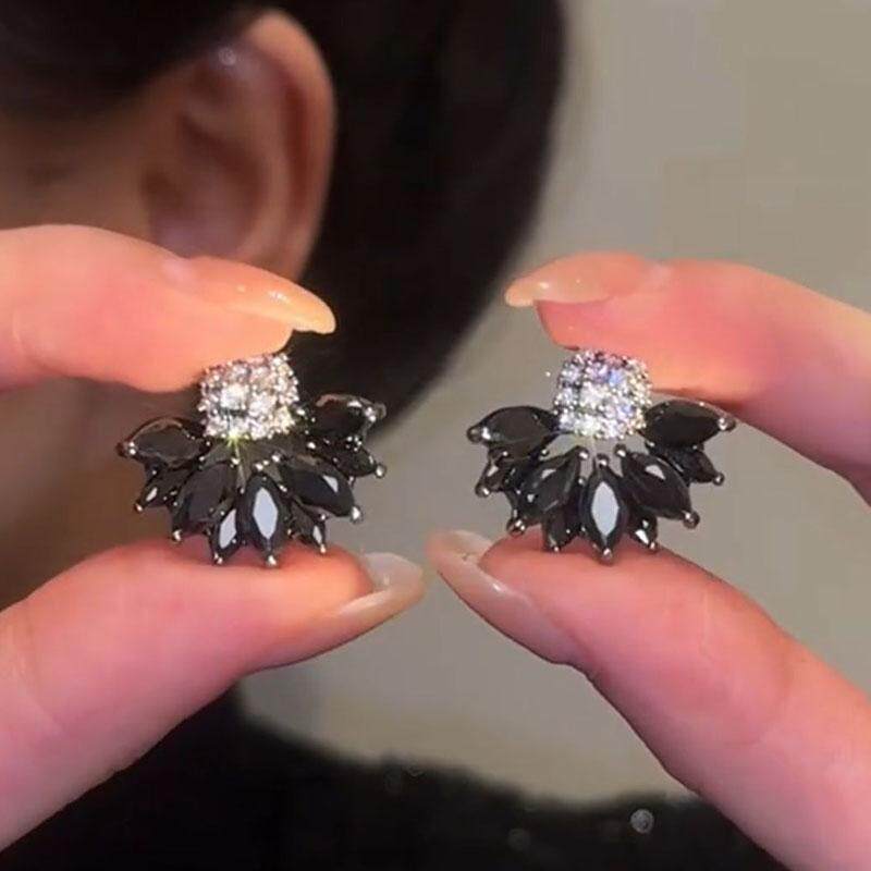 经典复古黑色锆石花耳钉银针轻奢水晶耳饰精致小众冷淡风耳环闪亮