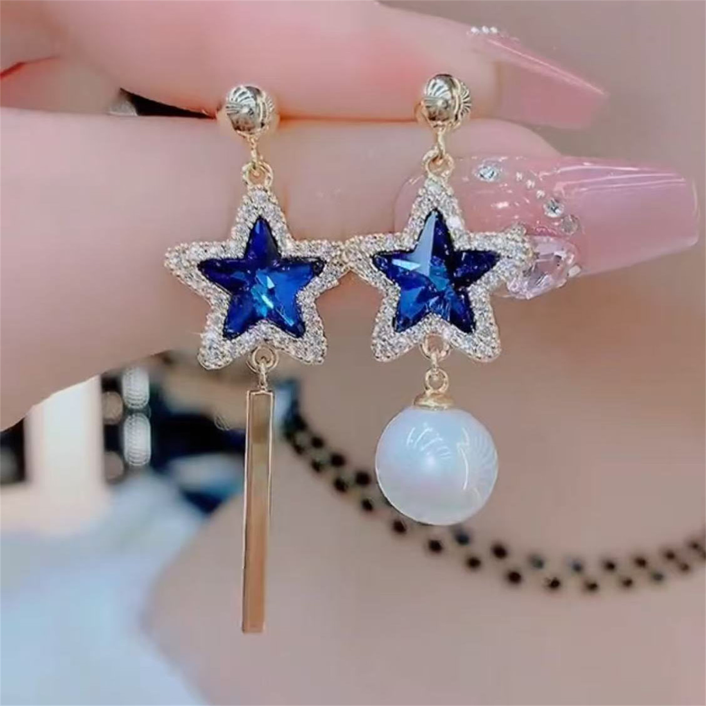 蓝色不对称镶钻五角星耳环珍珠流苏耳饰新款纯银针轻奢高级感耳钉