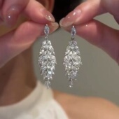 纯银针超闪长款 气质耳坠轻奢高级感满钻耳饰 流苏树叶耳环2025新款