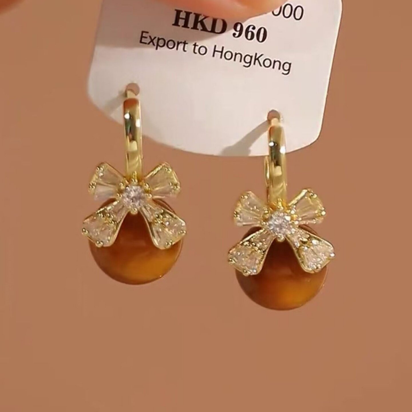 咖色珠子蝴蝶结锆石耳环女轻奢