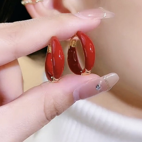 红色不规则圈圈耳环过年秋冬小众