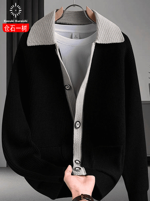 苍市益舒秋冬新款翻领毛衣针织开衫男士夹克时尚休闲百搭对比色上