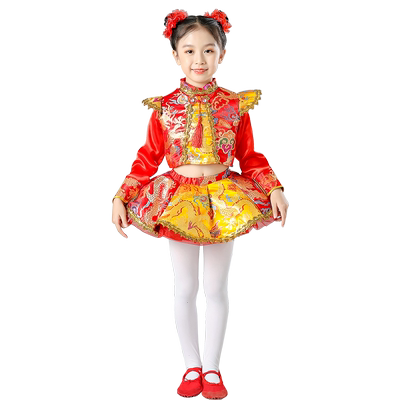 元旦儿童喜庆演出服中国红打鼓服秧歌服小梦娃幼儿园舞蹈表演服女