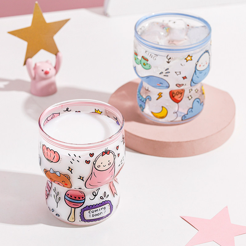 精选儿童家用玻璃喝水杯子耐热牛奶杯可爱果汁杯卡通饮料杯生日送