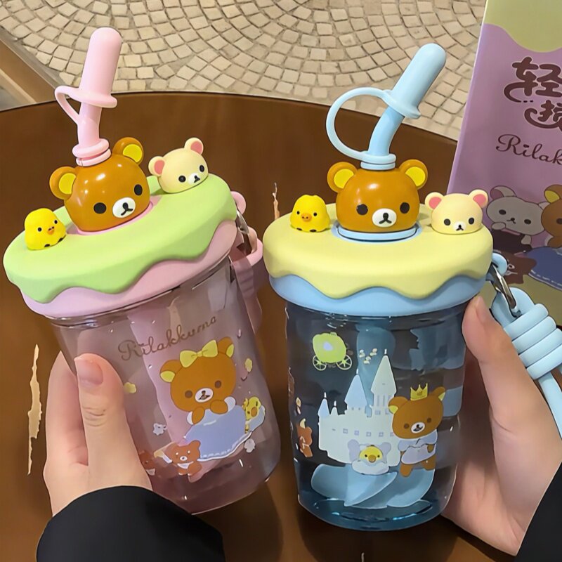 轻松小熊女生水杯可爱搅拌吸管杯卡通学生桌面早餐杯子便携塑料杯