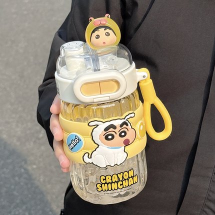 蜡笔小新吸管水杯男女生2025新款高颜值隔热防烫便携玻璃双饮杯子
