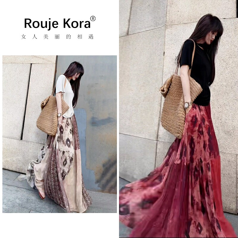 ROUJE KORA加长款拖地感大摆飘逸半身裙夏季度假海边温柔慵懒长裙