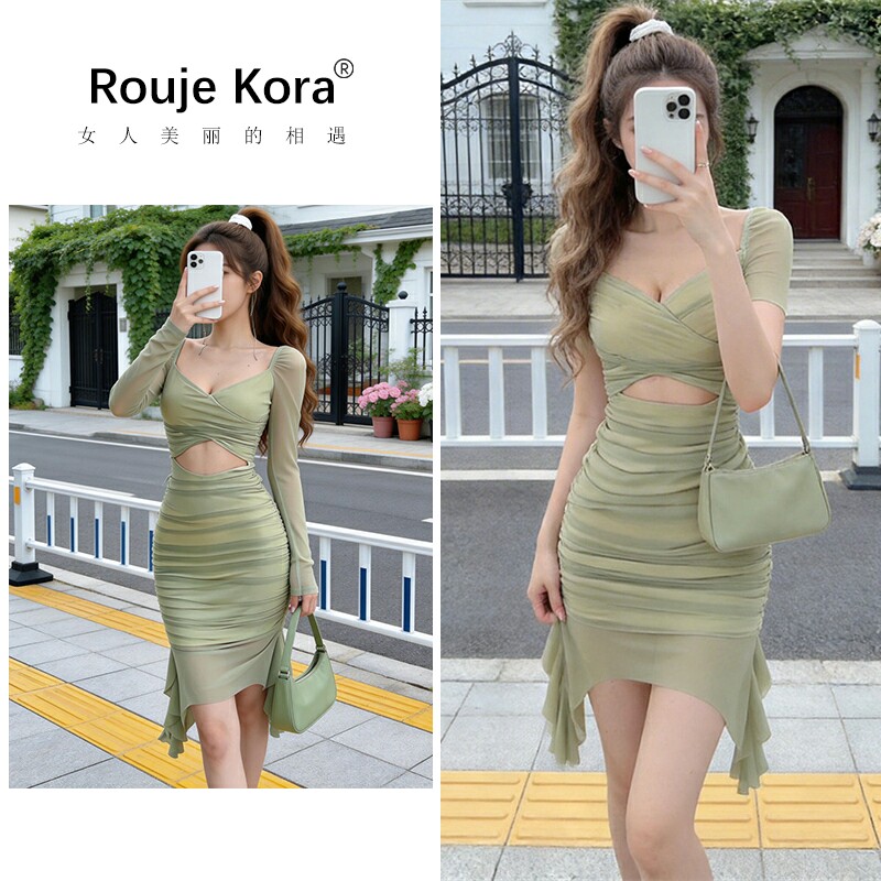 ROUJE KORA初夏小裙子性感镂空露脐网纱连衣裙女2026显身材包臀裙