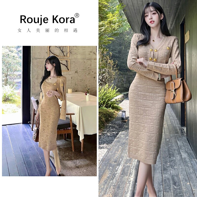 ROUJE KORA小香风套装女春秋金扣设计感针织吊带裙百搭外套两件套