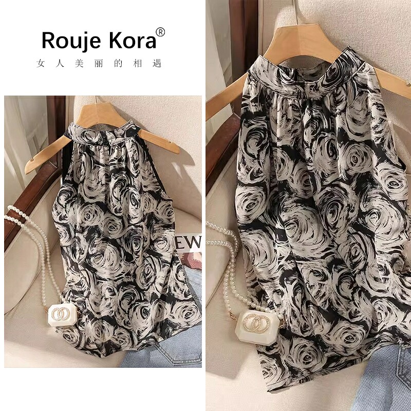 ROUJE KORA美式印花挂脖吊带背心女夏季高端无袖露肩雪纺宽松上衣