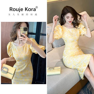 ROUJE KORA名媛高级感印花泡泡袖连衣裙女夏季法式气质收腰包臀裙