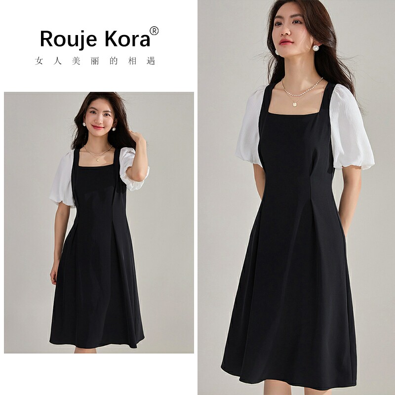 ROUJE KORA法式方领灯笼袖小黑裙女士夏季假两件赫本风中长连衣裙
