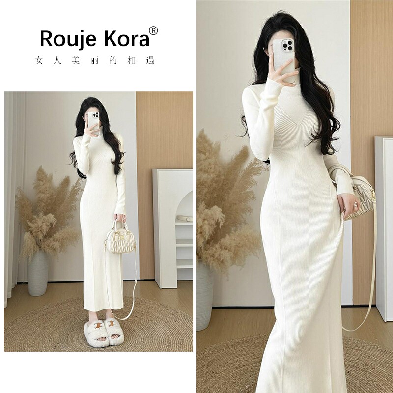ROUJE KORA半高领内搭长袖毛衣裙女士秋冬包臀打底修身针织连衣裙