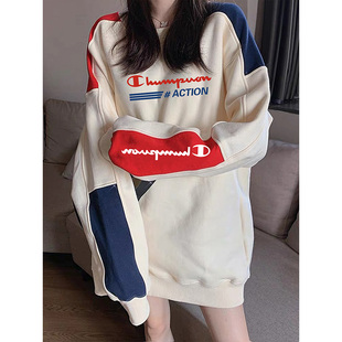 季冠军圆领撞色卫衣女秋冬加绒加厚中长款遮屁股宽松上衣外套男潮