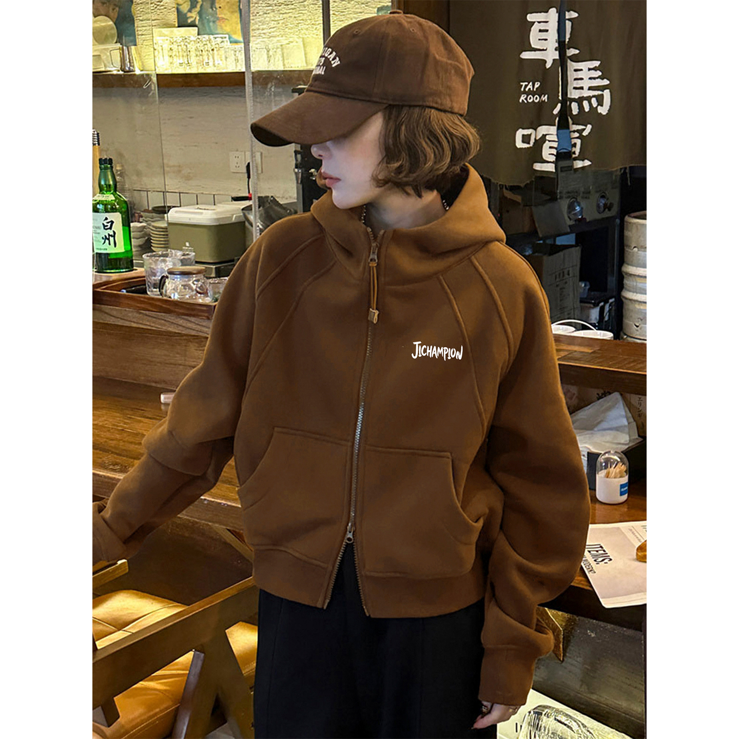 季冠军秋冬款连帽拉链卫衣女外套