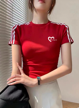韩版夏季冠军短袖t恤女棉条纹修身显瘦辣妹风小众设计感短款上衣