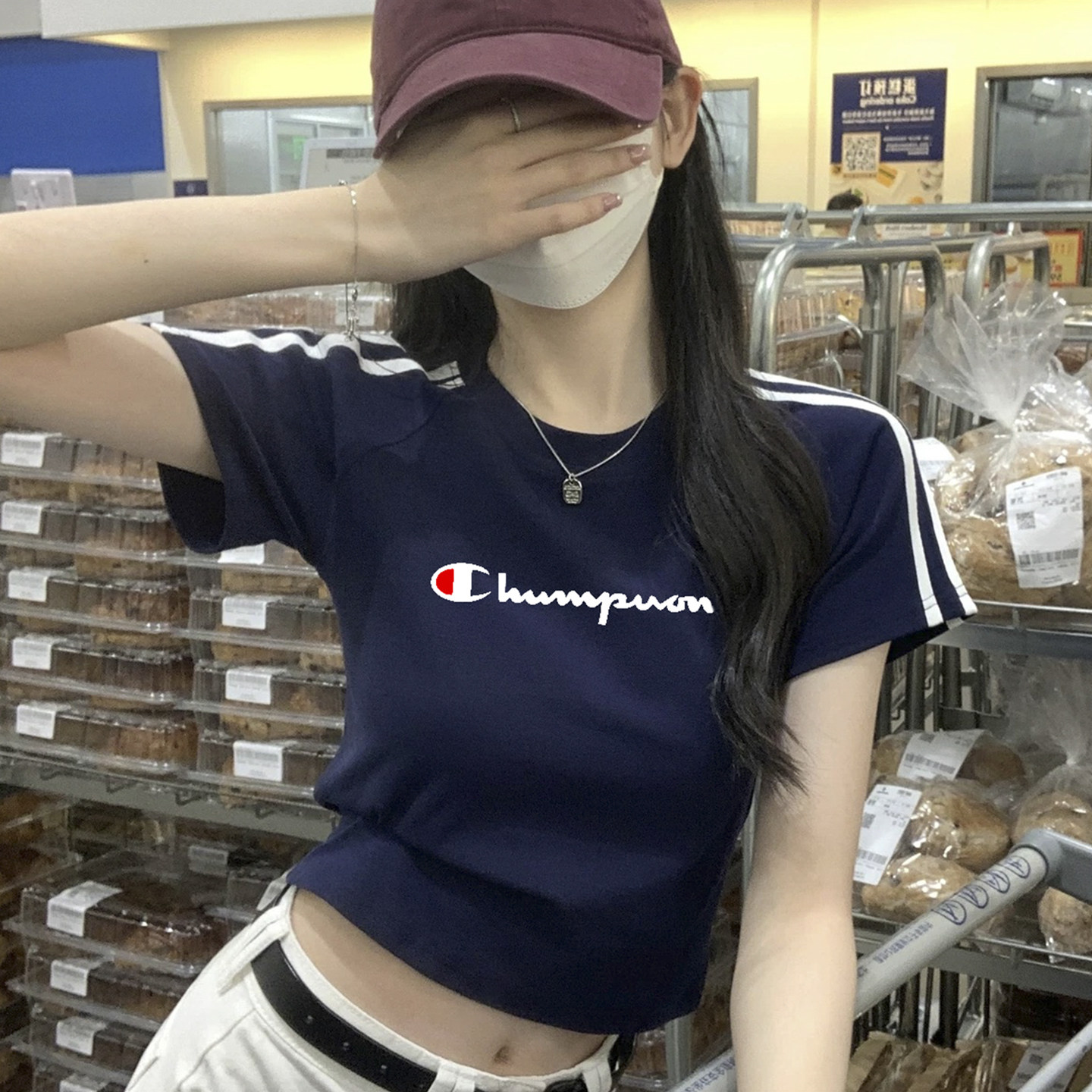 2025夏季冠军新款美式复古纯棉短袖t恤女修身显瘦运动短款T恤半袖