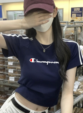 2025夏季冠军新款美式复古纯棉短袖t恤女修身显瘦运动短款T恤半袖