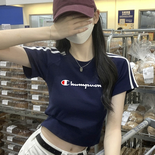复古纯棉短袖 美式 t恤女修身 显瘦运动短款 2025夏季 T恤半袖 冠军新款