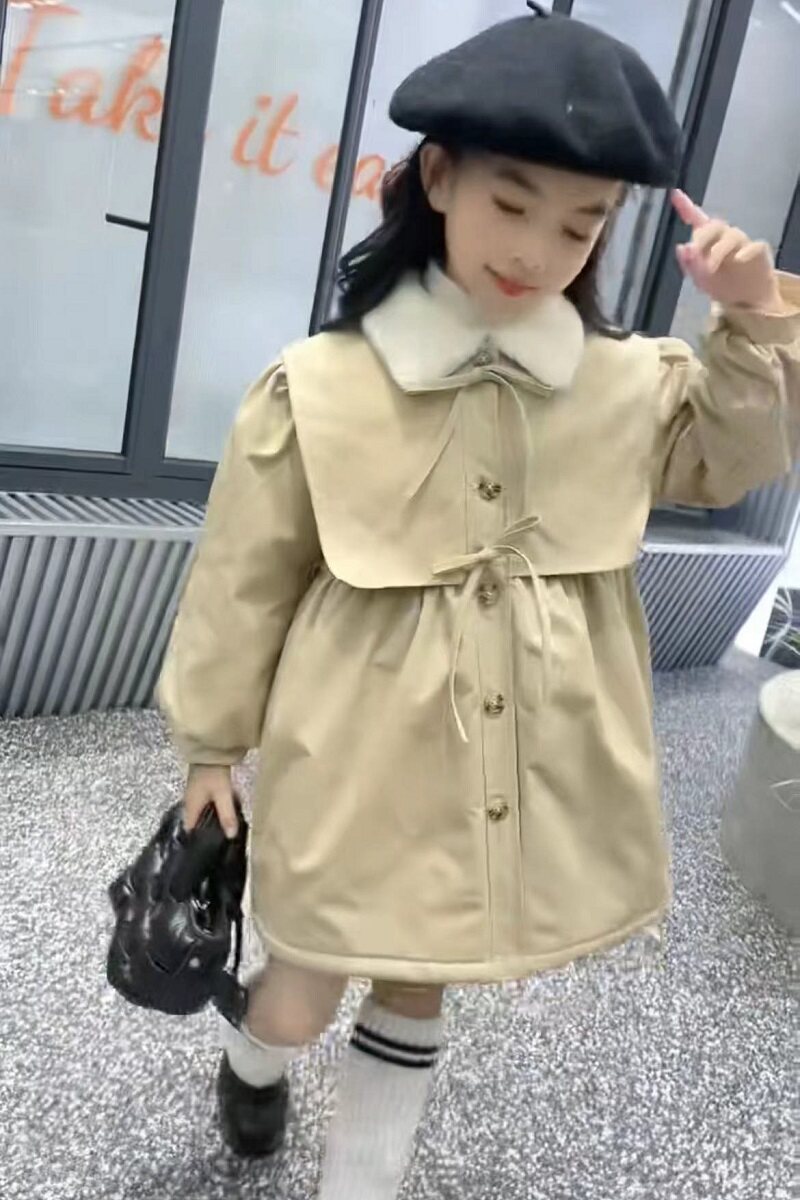 韩版女童风衣加绒加厚24新款冬款蝴蝶结毛领女宝宝仿兔毛外套棉服