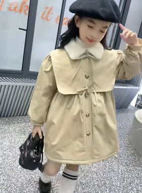 韩版女童风衣加绒加厚24新款冬款蝴蝶结毛领女宝宝仿兔毛外套棉服