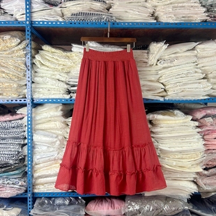 冰丝麻料半身裙女夏季薄款a字半裙气质蛋糕裙中长裙河边花边裙子