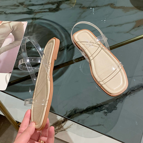 平跟软底仙女风2025年夏新款露趾罗马鞋简约百搭一字带透明凉鞋女