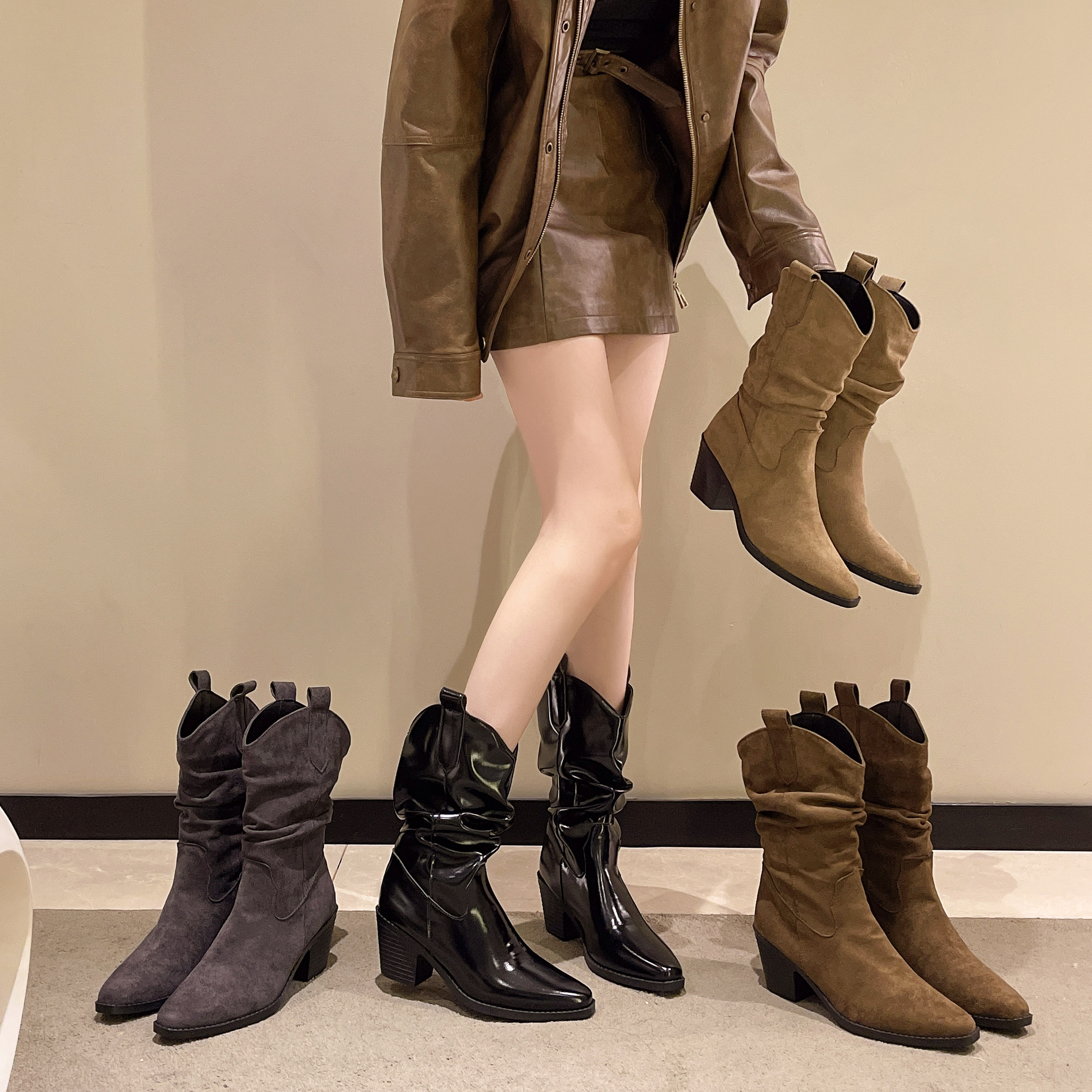 2025秋高跟短靴子粗跟褶皱堆堆靴尖头美拉德西部棕色靴V口中筒靴,女鞋,骑士靴,淘宝优惠券,粉丝福利购,淘宝优惠卷
