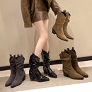 2025秋加绒短靴子粗跟褶皱堆堆靴尖头美拉德西部棕色靴V口中筒靴