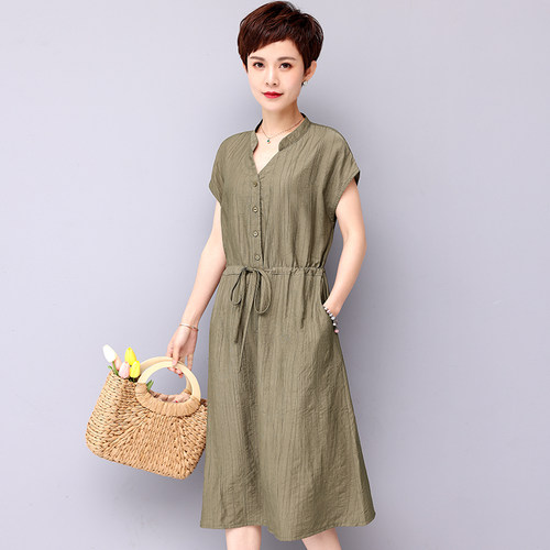 妈妈装2024夏新款棉麻无袖连衣裙