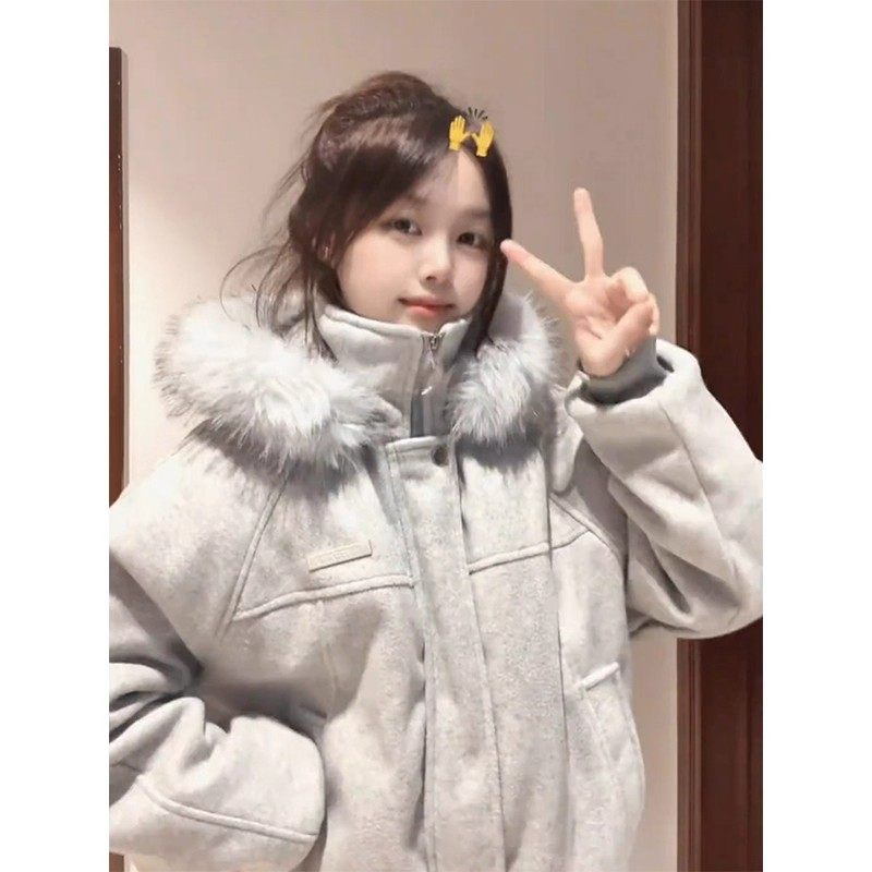 灰色大毛领连帽棉服男女款冬季美式复古毛呢保暖立领外套短款棉衣