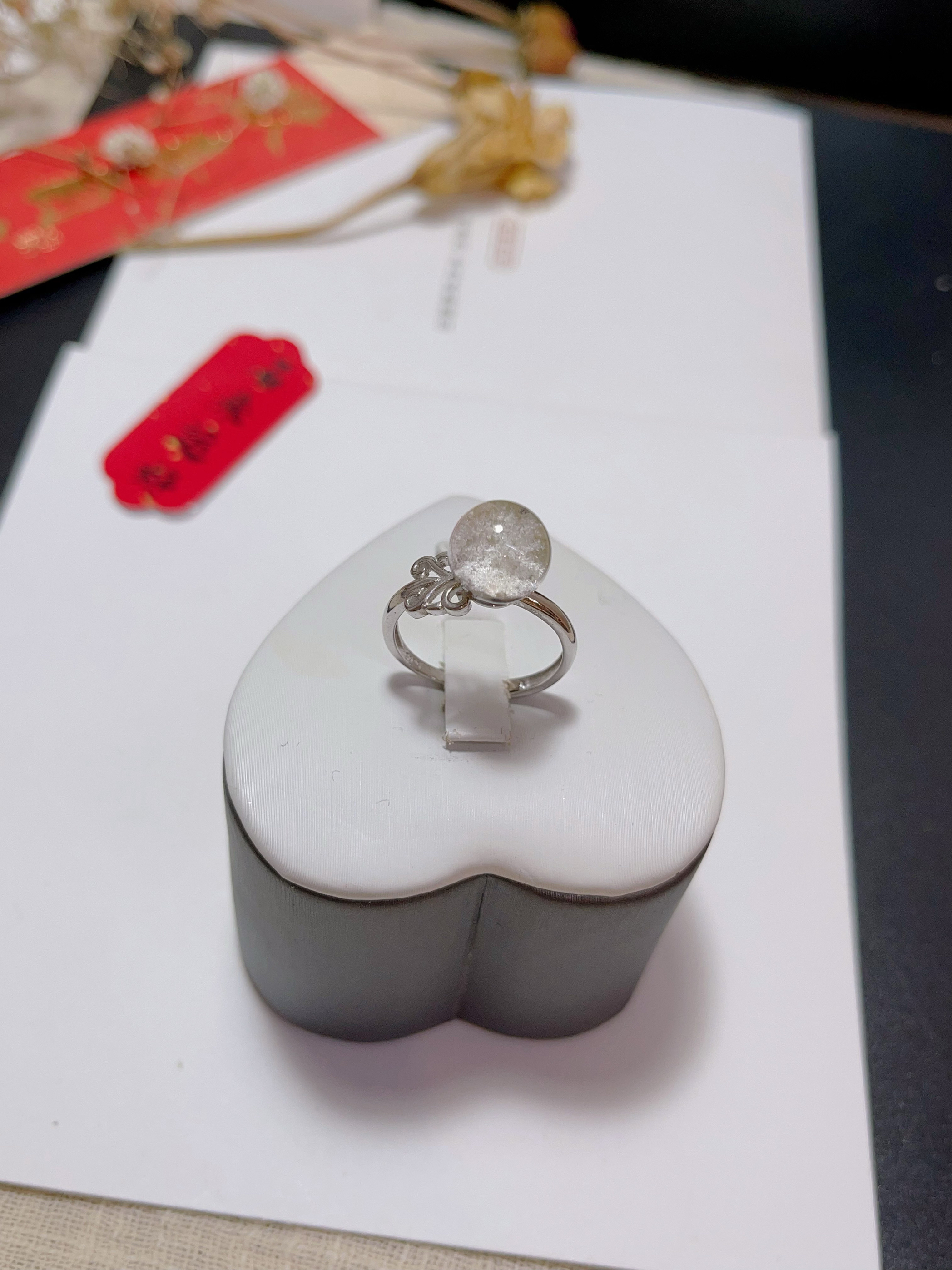 玖紫 925银白幽灵水晶戒指 幽灵水晶聚宝盆戒指