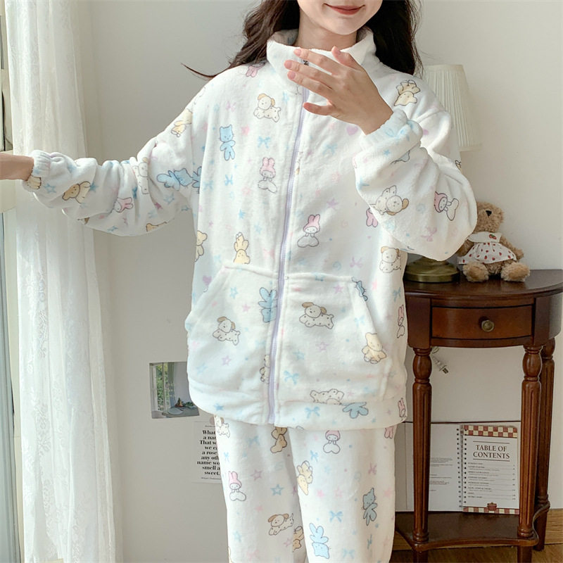 韩国可爱奶萌小熊法兰绒睡衣女秋冬季珊瑚绒加厚立领家居服两件套