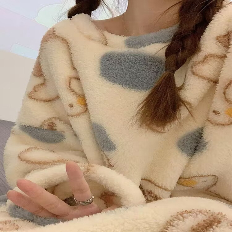 睡裙女秋冬季珊瑚绒睡衣卡通家居服法兰绒加绒加厚大码孕妇