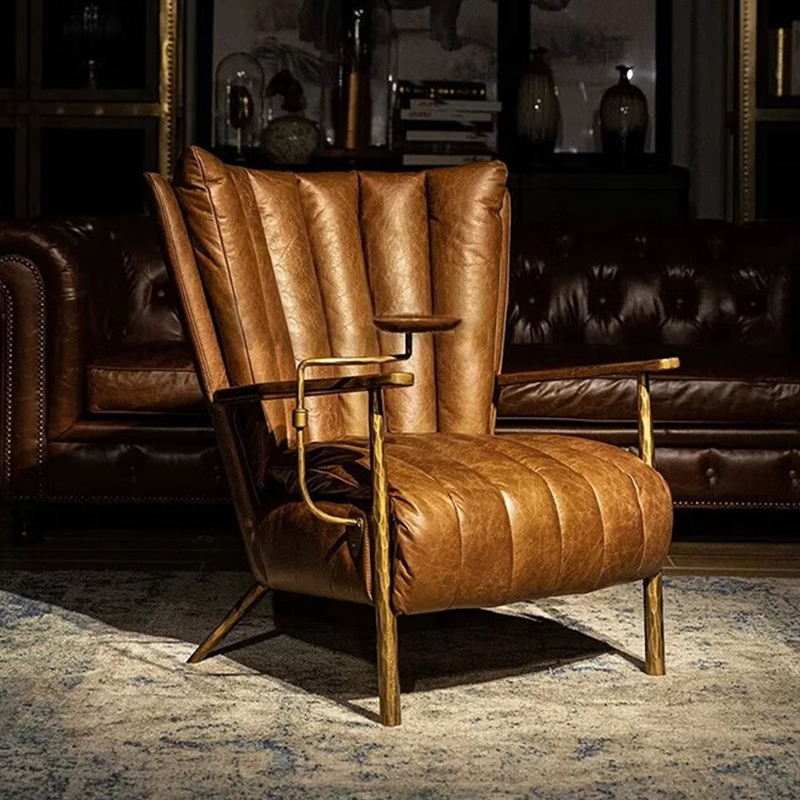 美式复古单人沙发椅中古风油蜡真皮雪茄椅手工锻打椅教父椅老虎椅