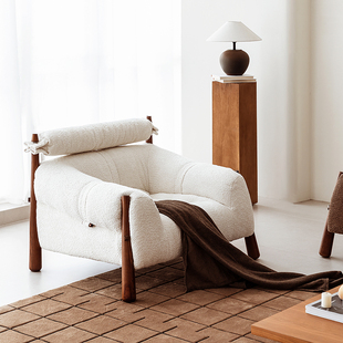 中古奶油风实木布艺单人沙发椅高靠背复古休闲椅子雪尼尔三人沙发