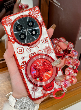 适用oppo findn5手机壳红色花纹马支架新款Find N5折叠屏超薄防摔外壳透明电镀水波纹创意手提绳新年款保护套