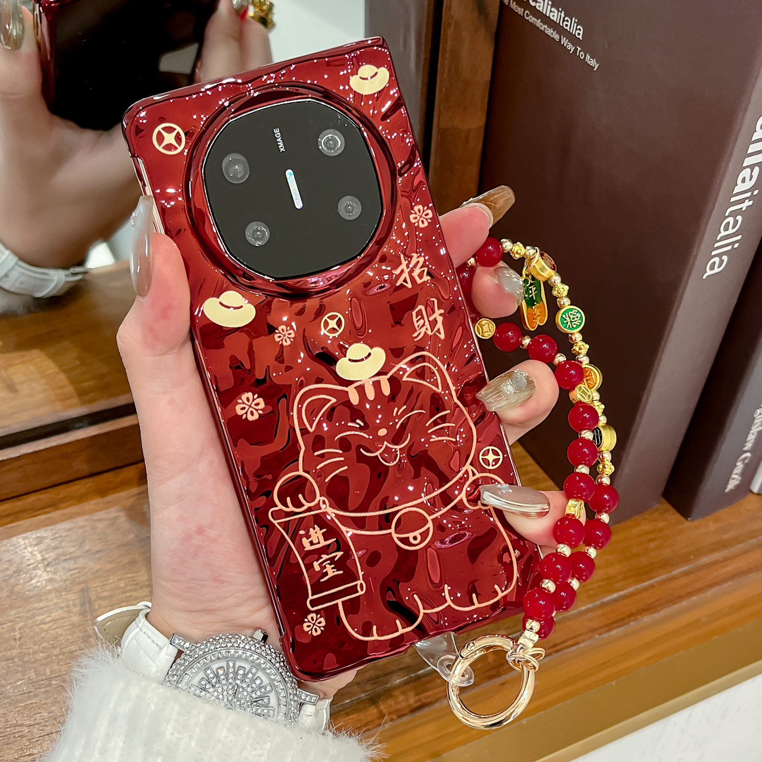 新年款折叠屏电镀红色招财猫外壳