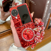 适用oppofindn3flip手机壳转运马新年款 Find N5折叠屏超薄防摔支架外壳n2flip创意电镀红色水波纹手提保护套