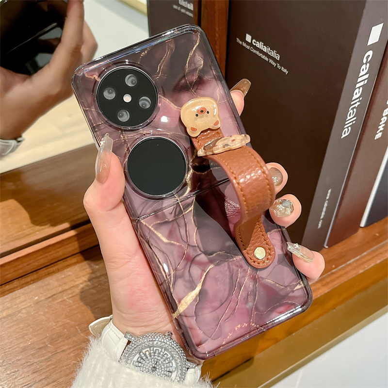 华为pocket2手机壳石纹小熊手带保护壳