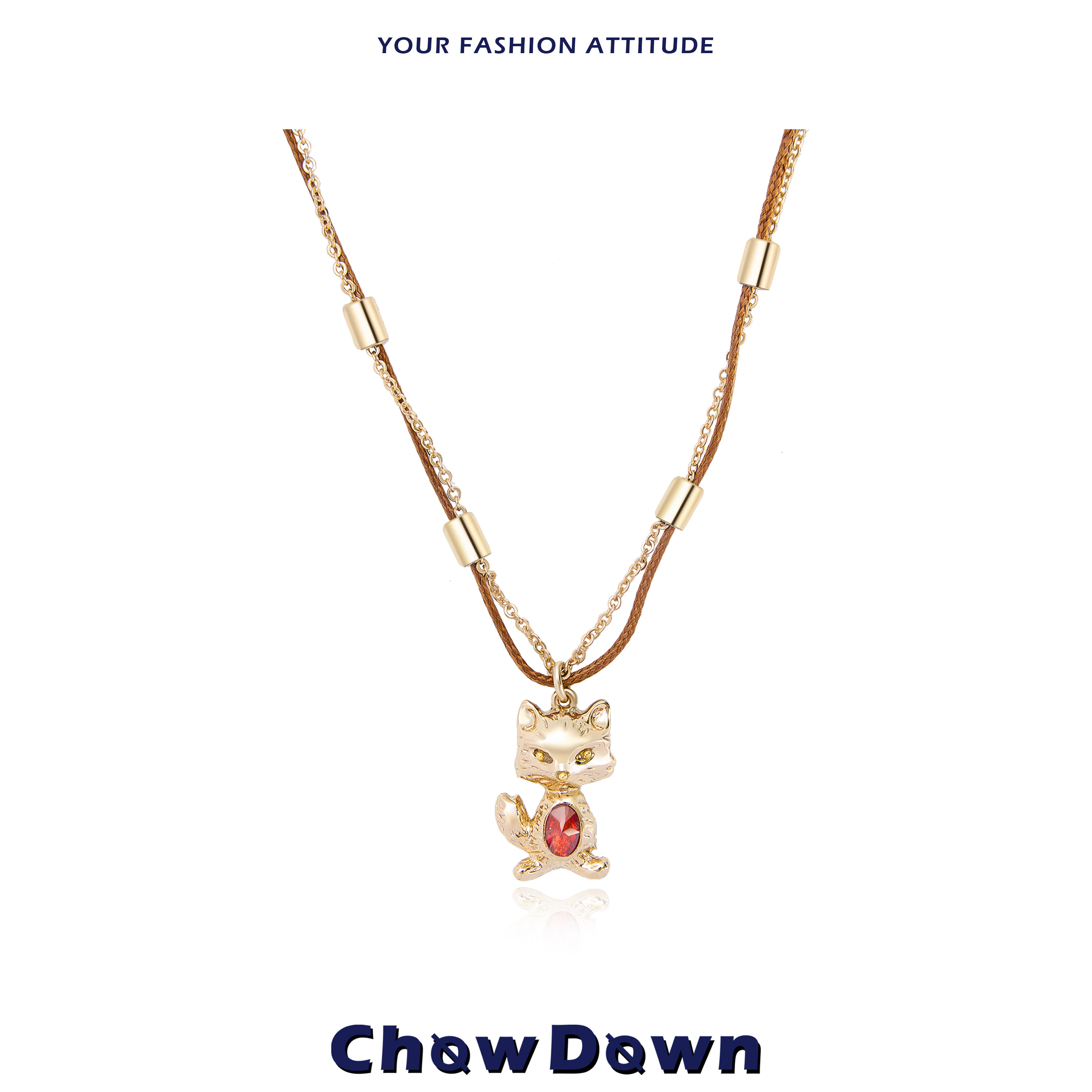 CHOWDOWN原创红瞳狐克斯狐狸缠绕锁骨链酒红锆石咖啡金项链精致