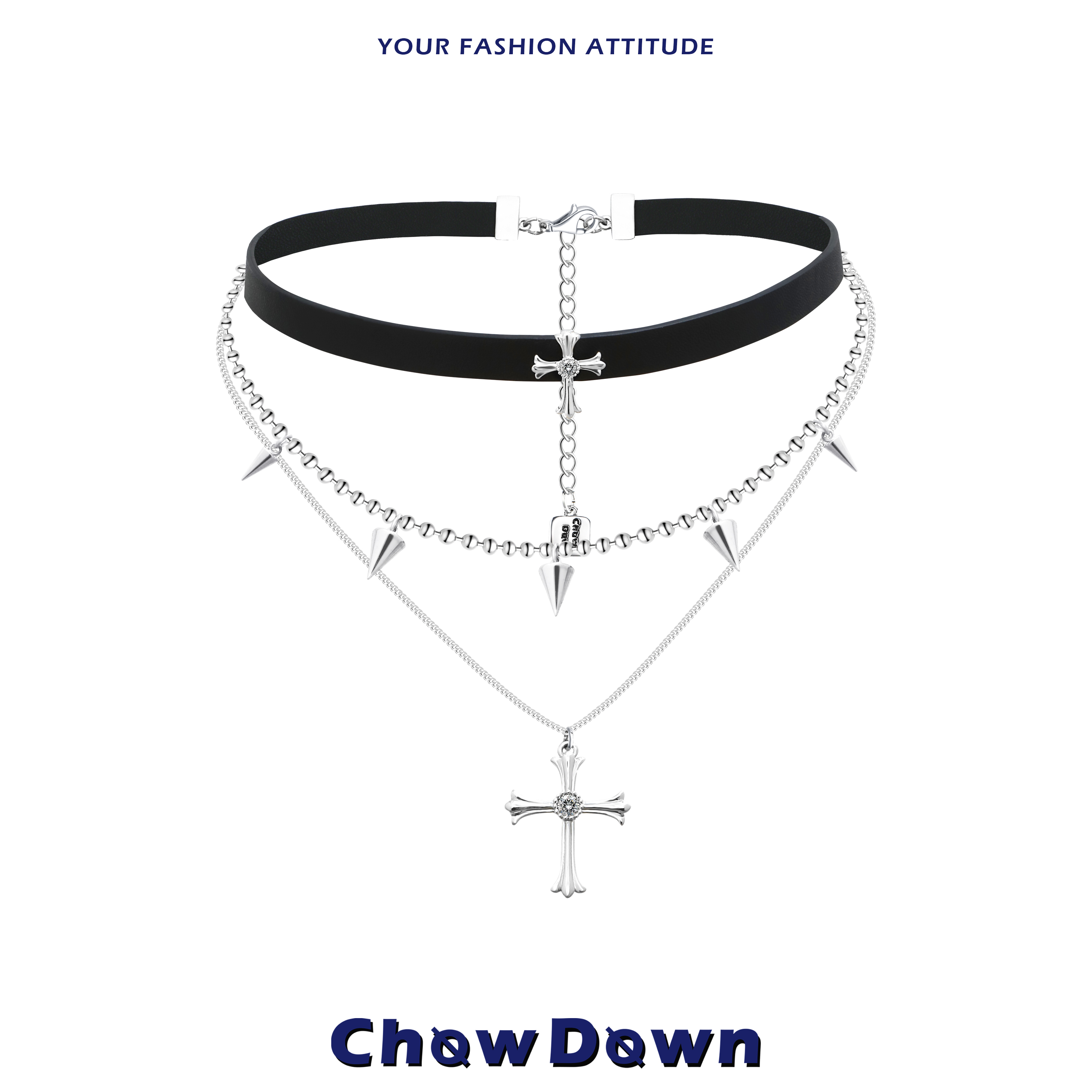 CHOWDOWN皮革十字架多层锁骨链
