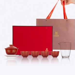 古帛扒花 五福吉盏 功夫茶具套组家用送礼景德镇粉彩轧道茶具礼盒