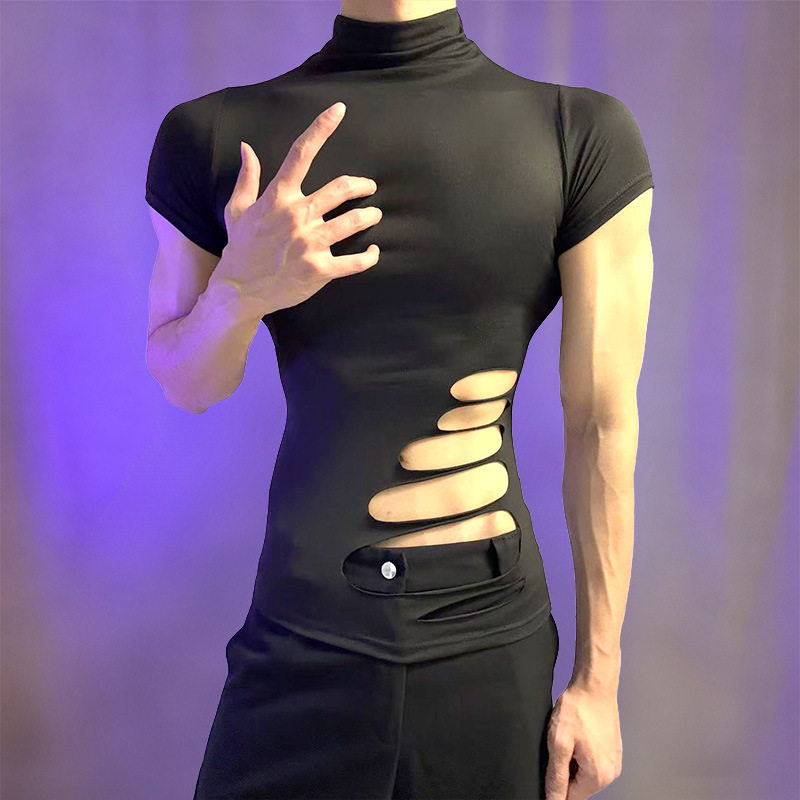 欧美紧身衣健身房男生穿搭男模特直播打底衫修身显瘦镂空高领上衣